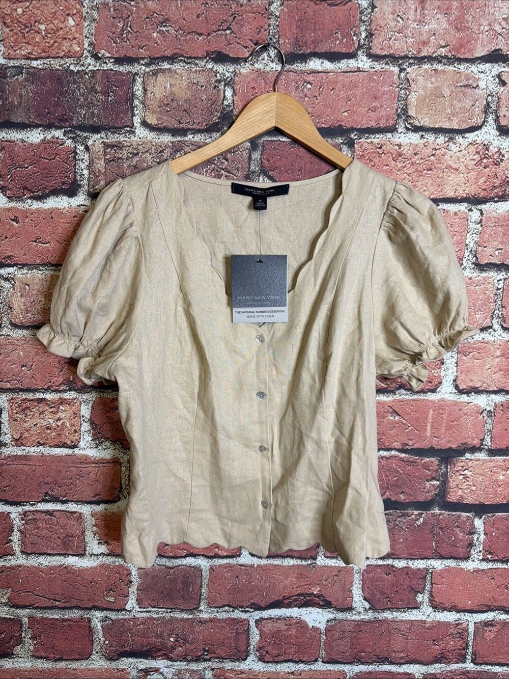 MARC NEW YORK M Brown Beige Tie Blouse NWT retail $69 Womens
